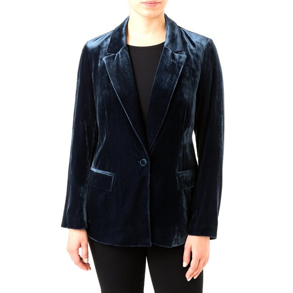 Womens Lily Morgan Navy Blue Velvet Blazer One Button Grunge Fall Retro Gothic L - Picture 1 of 8